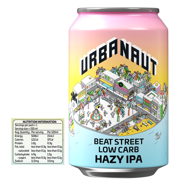 1 x 330ml can of Beat Street Low Carb Hazy IPA craft beer from Urbanaut Brewery with a nutritional info panel.