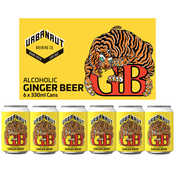 One 6-pack box and six 330ml cans of Urbanaut Alcoholic Ginger Beer.