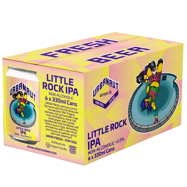 An isometric view of a 6pack box containing 6 x 330ml Cans of Little Rock Non-alcoholic IPA craft beer from Urbanaut Brewery.